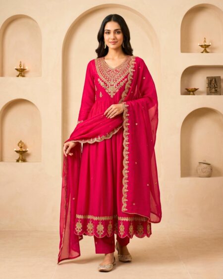 Rani Pink Embroidered Anarkali Kurta Set with Dupatta for Women
