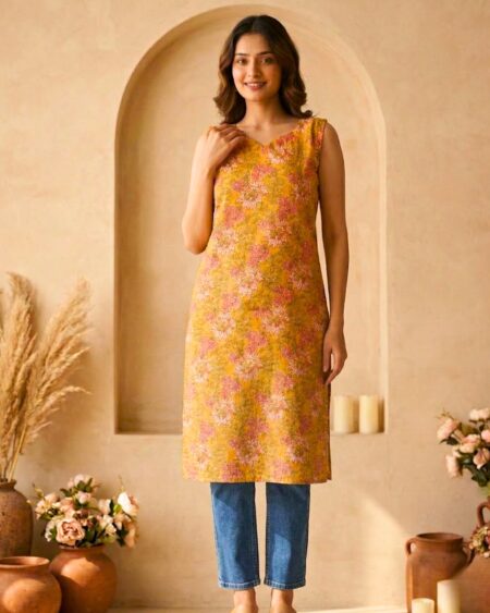 Mustard & Ivory Floral Printed Sleeveless Straight Kurti for Women