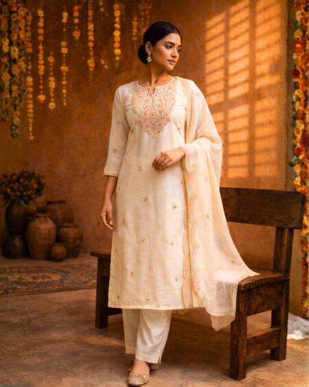 Heritage Embroidered Kurti Set with Dupatta – Multi Color