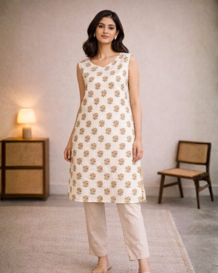 Everyday Luxe Cotton Kurti – Teal & Off White Floral Ethnic Print